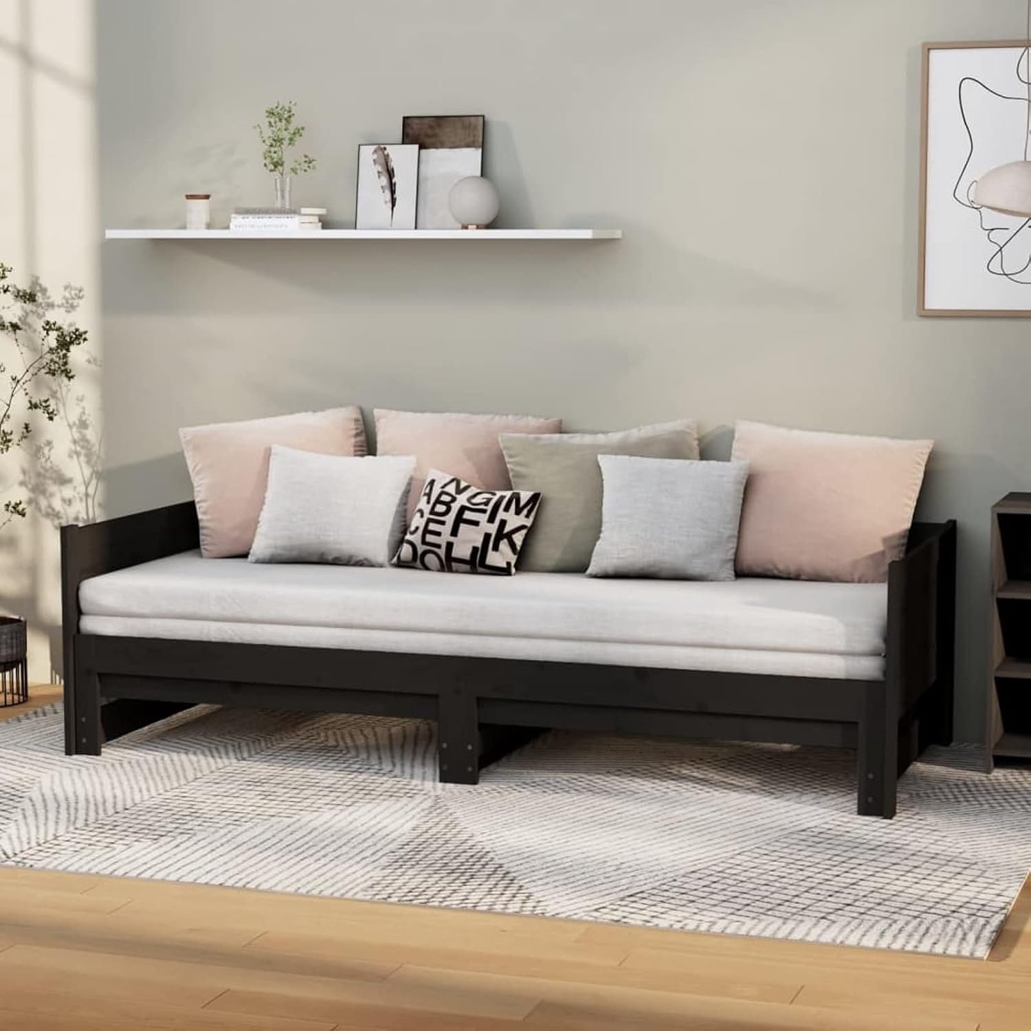 Slaapbank, tweepersoonsbed, uittrekbaar, zwart, massief grenenhout, 2 stuks (90 x 200 cm)