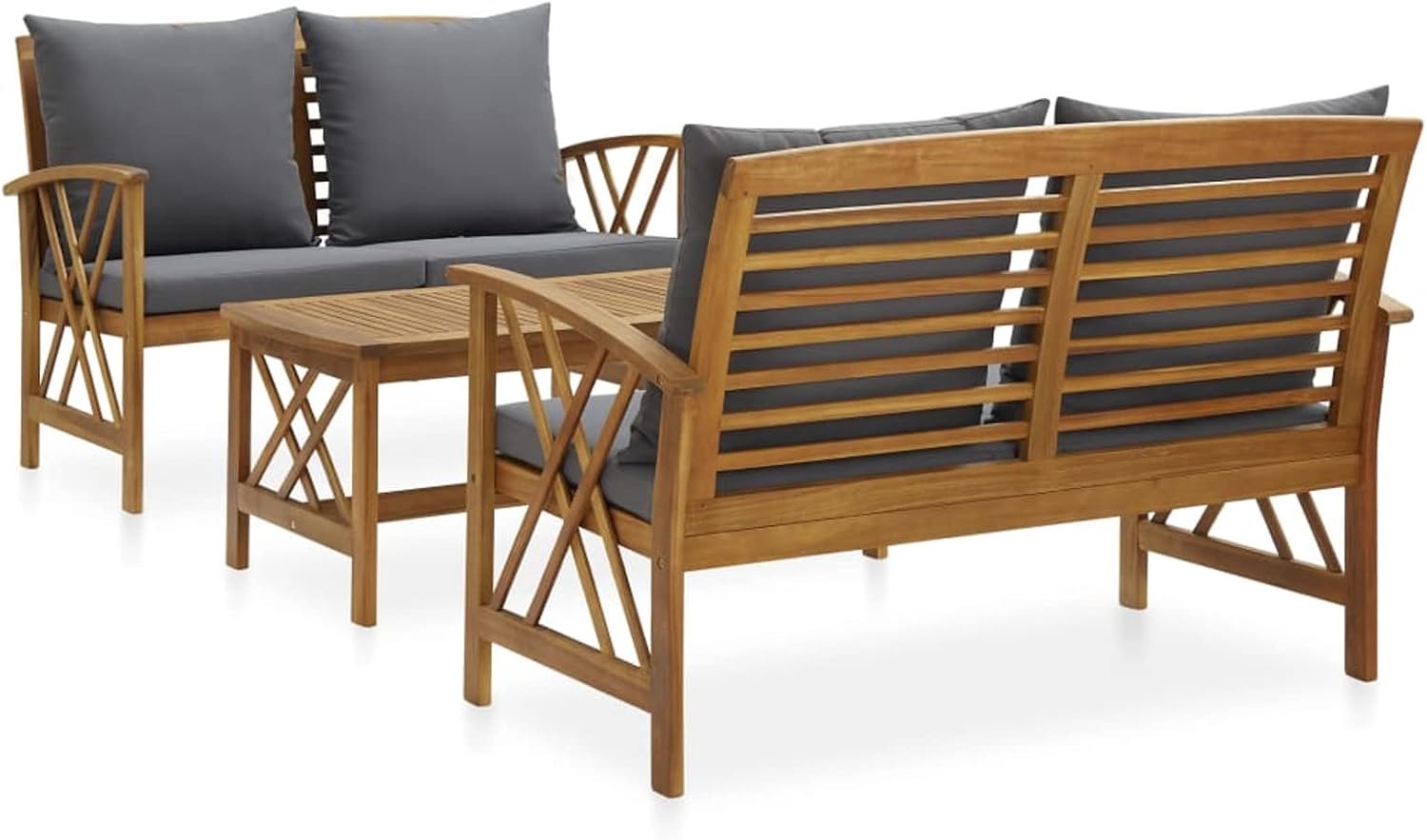 3-delige tuinmeubelset van acaciahout met grijze kussens, tafel en 2 tuinbanken voor buiten, tuinmeubelset, houten bank