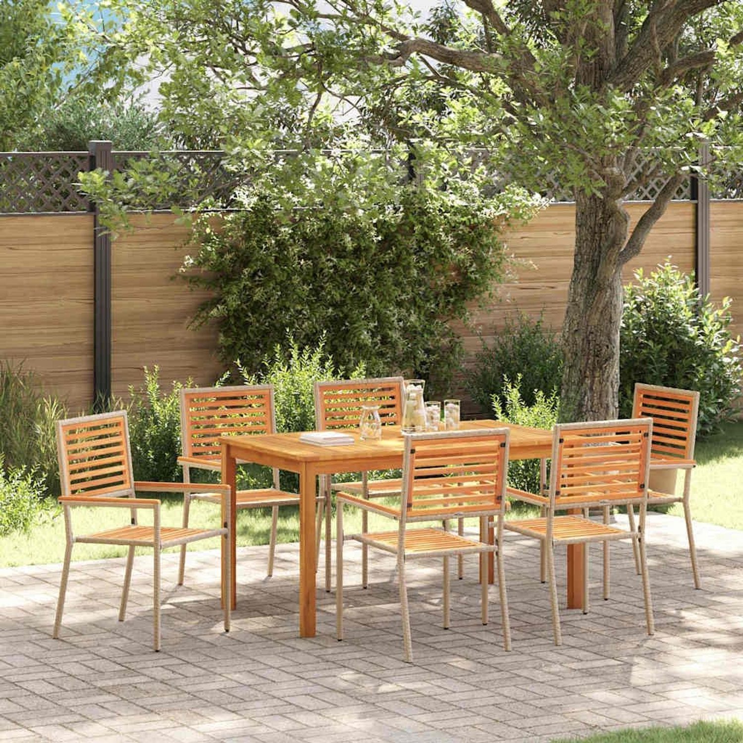 Acaciahout poly rattan moderne tuinset beige 140 cm 7 delig