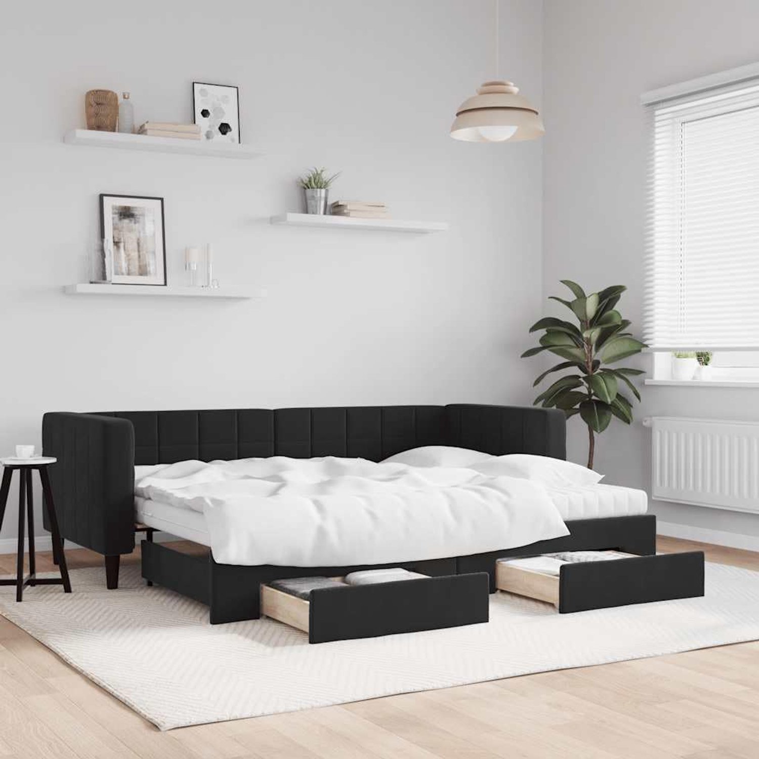 2 in 1 fluwelen slaapbank met onderschuifbed opberglades Zwart 80x200 cm