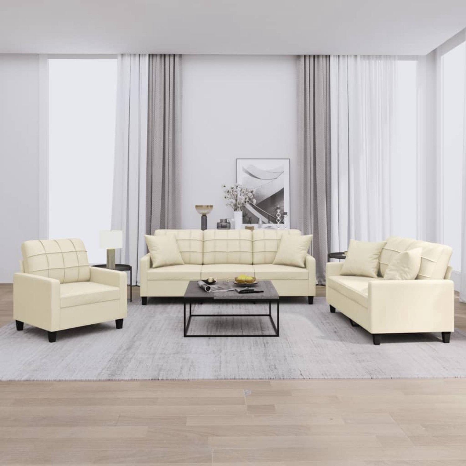 3-delige bankset met kussen, crème kunstleer, duurzaam vuilafstotend kunstlederen sofaset, robuust frame van multiplex en metaal, comfortabele zitervaring