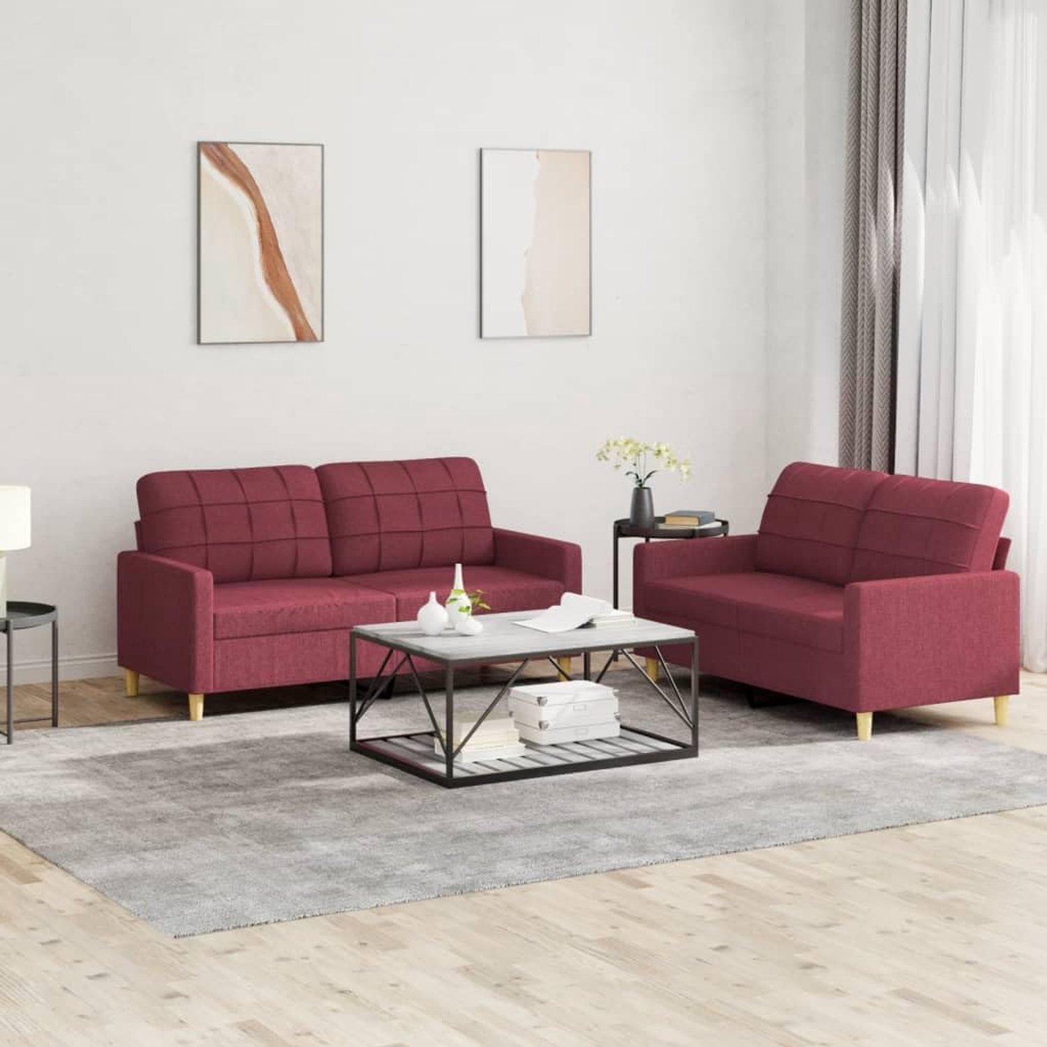 2-delig bankstel met kussen in wijnrood, gestoffeerde hoek zitgroep gemaakt van duurzame stof en robuust metalen frame voor comfortabel zitten