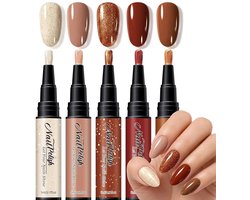 Nagellakpen - 5 stuks - Warme kleuren - Nagel Art Pennen - 5ml - Geen UV-lamp nodig - Nagellak op waterbasis - Sneldrogende nagelkunstpen - Nail Art penselen - DIY nagelkunst - Nagel Decoratie - Nail Brush - Chique nagels - Bruintinten