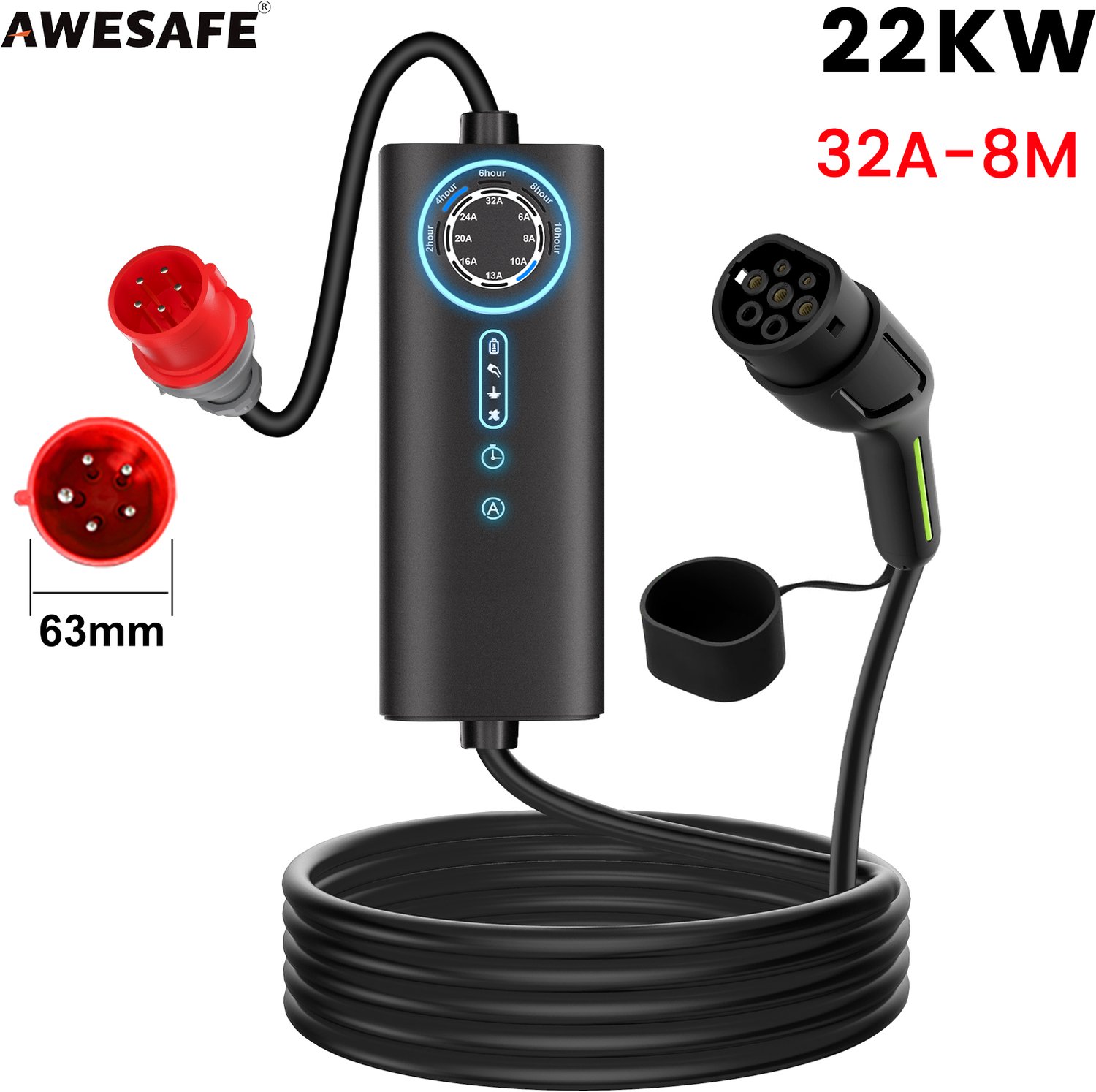 Awesafe Laadkabel Auto - 3-Fase Portable EV-Lader Type 2 - Geschikt Voor Elektrische Auto - 22 kW - Waterdicht - 8M - 6A/8A/10A/13A/16A/20A/24A/32A Schakelbaar - Zwart