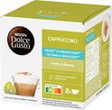 Schuin aanzicht van Nescafé Dolce Gusto Cappuccino verpakking met tabel voor voedingswaarden en 8 servings.
