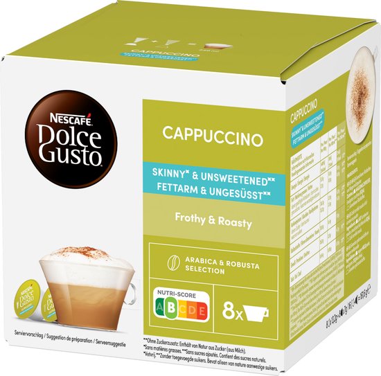 Schuin aanzicht van Nescafé Dolce Gusto Cappuccino verpakking met tabel voor voedingswaarden en 8 servings.