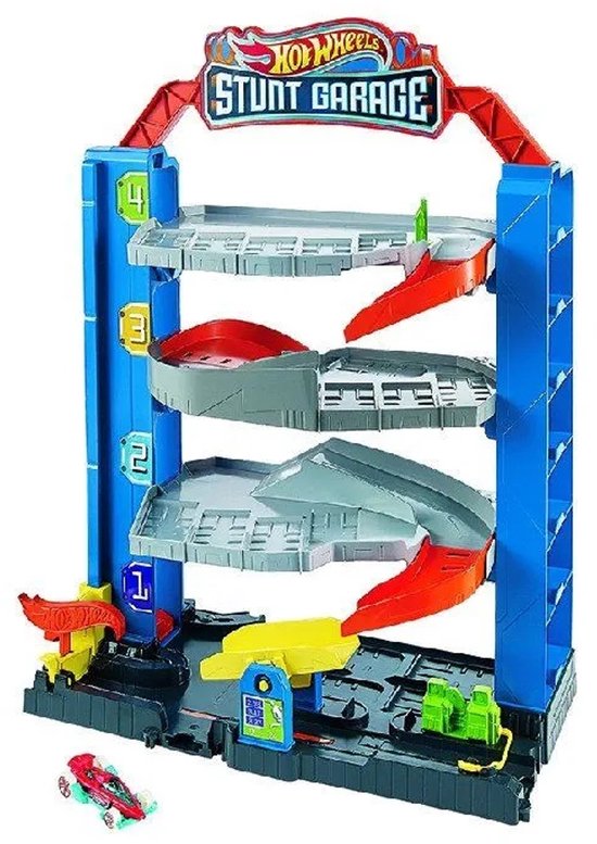 Hot Wheels Stunt Garage speelgoed met vier verdiepingen en hellingen, zonder auto's.