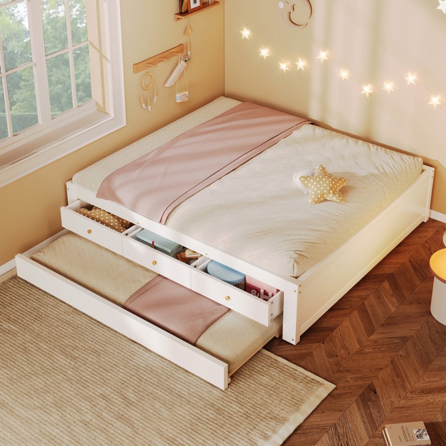 Pugsdrly Houten bed van 140 x 200 cm met 3 lades en uitschuifbaar logeerbed, wit