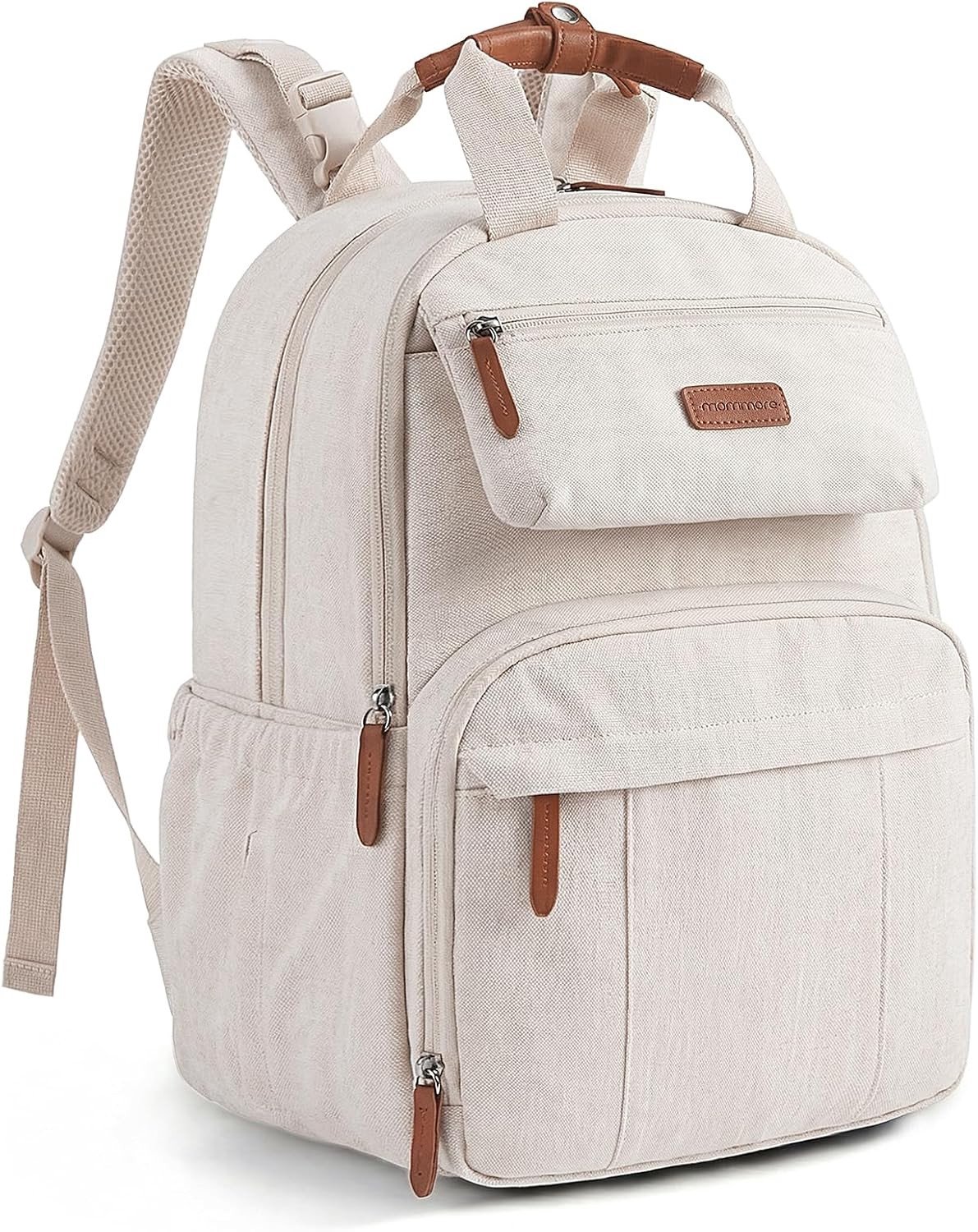 Grote uitbreidbare luiertas voor 2 kinderen, duurzame en waterafstotende rugzak met verschoonmat, ideaal voor ouders onderweg, beige, klassiek design