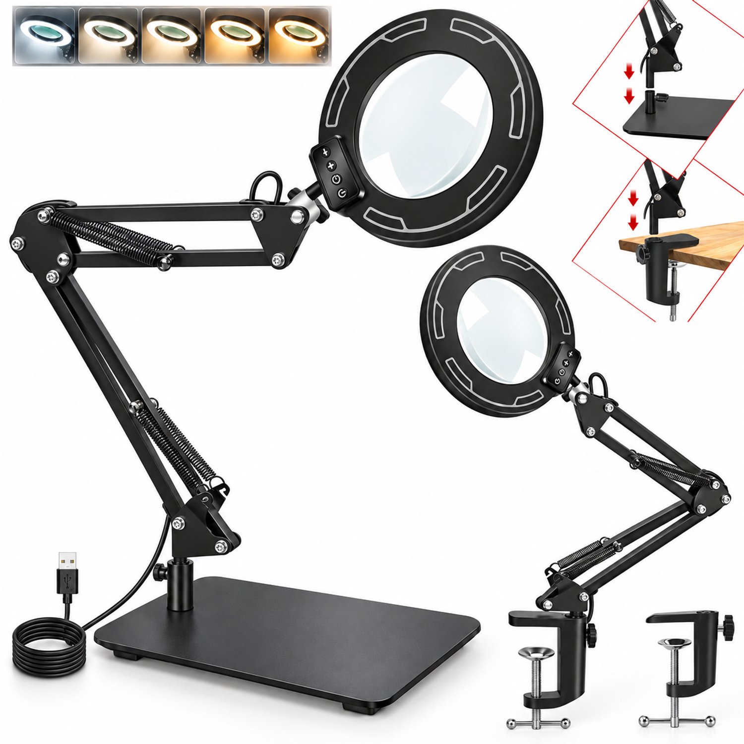 VHV-Loeplamp - 10x vergroting - 2-in-1 klem & voet - Dimbaar - 5 kleurstanden - Flexibele arm - Bureaulamp met loep - Voor hobby, lezen & precisiewerk - USB - Kerstcadeau - Zwart