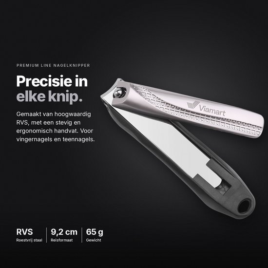 Precisie nagelknipper van Viamart in titanium, gemaakt van RVS, met ergonomische handgreep.