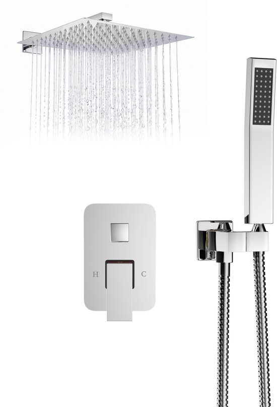 Verchroomde inbouw doucheset met vierkante regendouche en handdouche op een witte achtergrond.