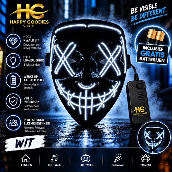 Wit LED-masker met een griezelig ontwerp, inclusief batterijen en controller. Ideaal voor Halloween en feesten.