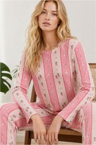 JANE WOLF Dames Pyjama Set 2-delig - Roze/Ecru Gestreept met Print - Lange Mouw - Wijde Broek - Katoen Stretch - Model 4692 Maat L
