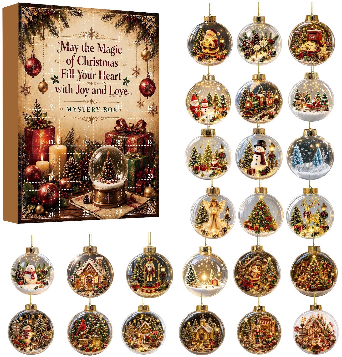 24-daagse kerst mysterie ornament adventskalender- 24 stuks plat acryl kerstboom hangornamenten- aftelcadeaudoos voor de feestdagen en kerstdecoratie