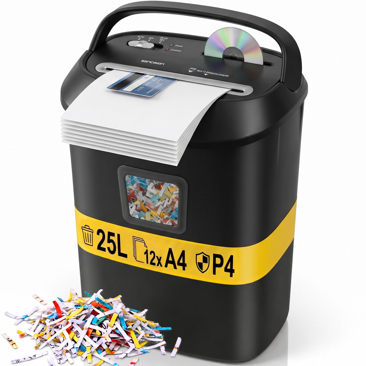 Sencision Papierversnipperaar voor Thuis - P4 Cross-Cut tot 12 Vellen - Versnipperaar voor Papier - Papiervernietiger - 25L - Incl. Olievellen - Zwart