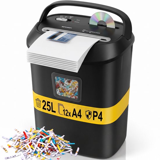 Zwarte papierversnipperaar met gele band, 25L opvangbak, geschikt voor 12 vellen A4, P4 beveiliging. Papier, creditcard en CD-restanten liggen op de grond.