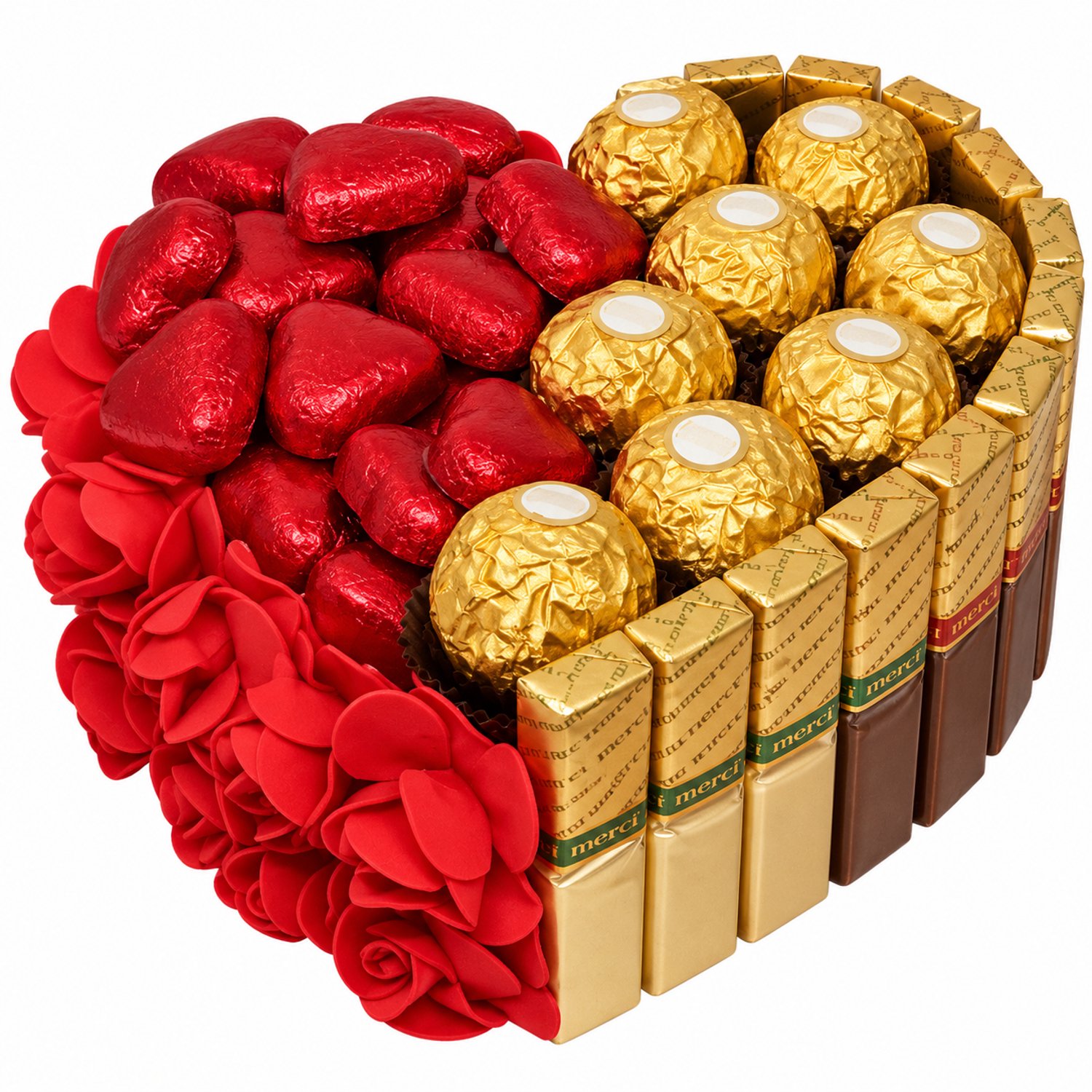 Nina's Giftshop® Chocolade Hart met Merci & Ferrero Rocher – Rode Chocolade Hartjes & Zeeprozen – Valentijn Cadeau – Chocolade Geschenk – Cadeau voor Hem & Haar – Liefdescadeau