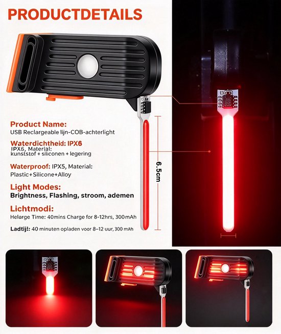 Namajunas-Rood-Fietsverlichting-USB Oplaadbaar-Waterdicht-Voor&Achterlicht-Fietslampjes Set-LED Fietslamp-MTB&Racefiets&Stadsfiets&Kinderfiets-Krachtig&Veilig-Zichtbaar&Regenbestendig-Lange Batterijduur-Zwart-Eenvoudig Monteren-Inclusief Batterij — afbeelding 3