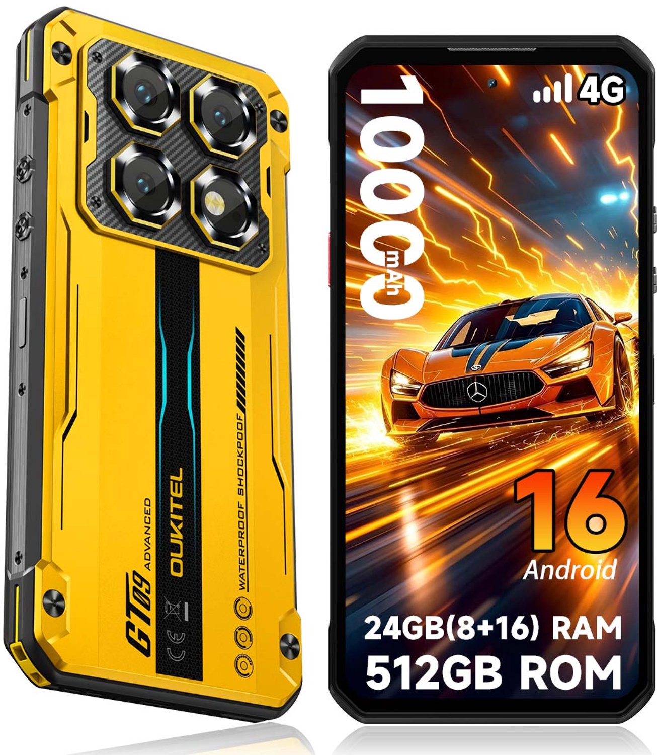 OUKITEL WP60 Rugged Smartphone - 4G LET - 24GB RAM - 512GB ROM - 7,2 inch 120Hz - 10000mAh 33W - 108MP Camera - Dual SIM - Android 15 - NFC GPS - geel