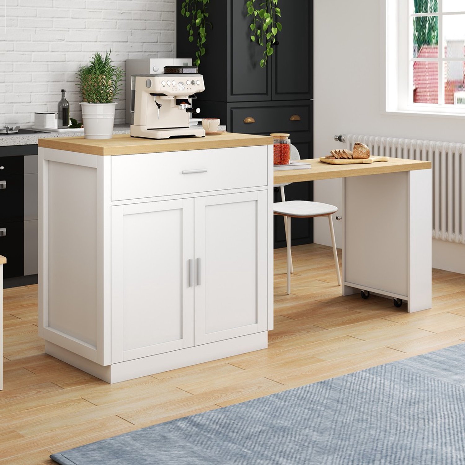 Pugsdrly Keukeneiland met uitschuifbare eettafel voor 4-6 personen, tweekleurige keukentafel, stopcontact, opbergkast, 2 lades, 2 aan de zijkant open planken Wit