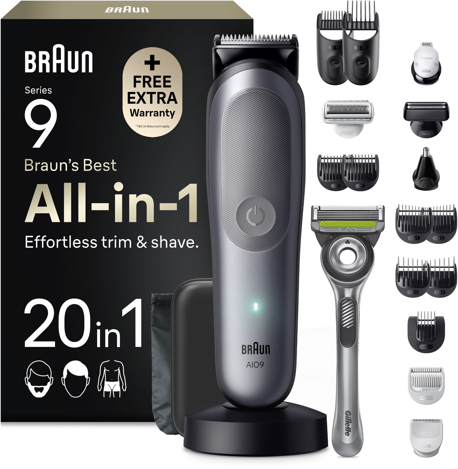 Braun All-in-One Series 9 - 20-in-1 Kit - Trimmer - Baardtrimmer - Tondeuse - AIO9540 - Grijs - voor Mannen