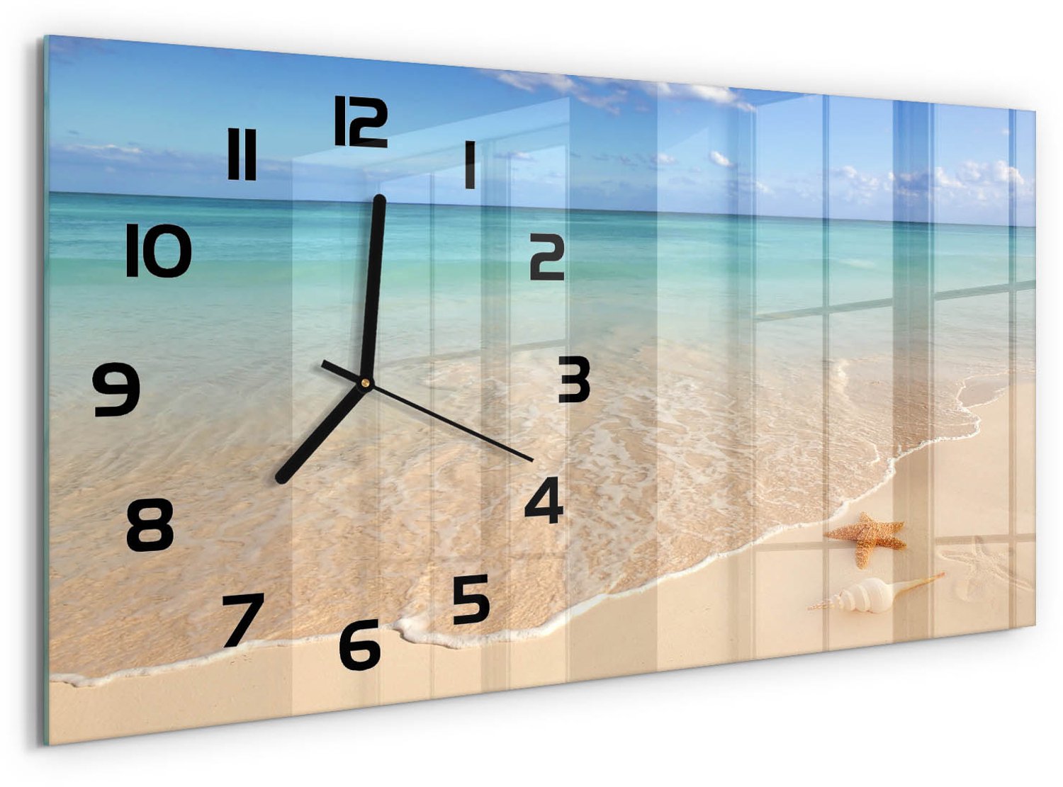 TULUP Wandklok - Zeesterren op het strand Klok Glas Met Opdruk - 60x30 cm - Blauw Moderne Wandklok Glas - Zwarte handen - Rechthoekige Klok - Decoratieve Glazen Klok - Glazen Wandklok Design