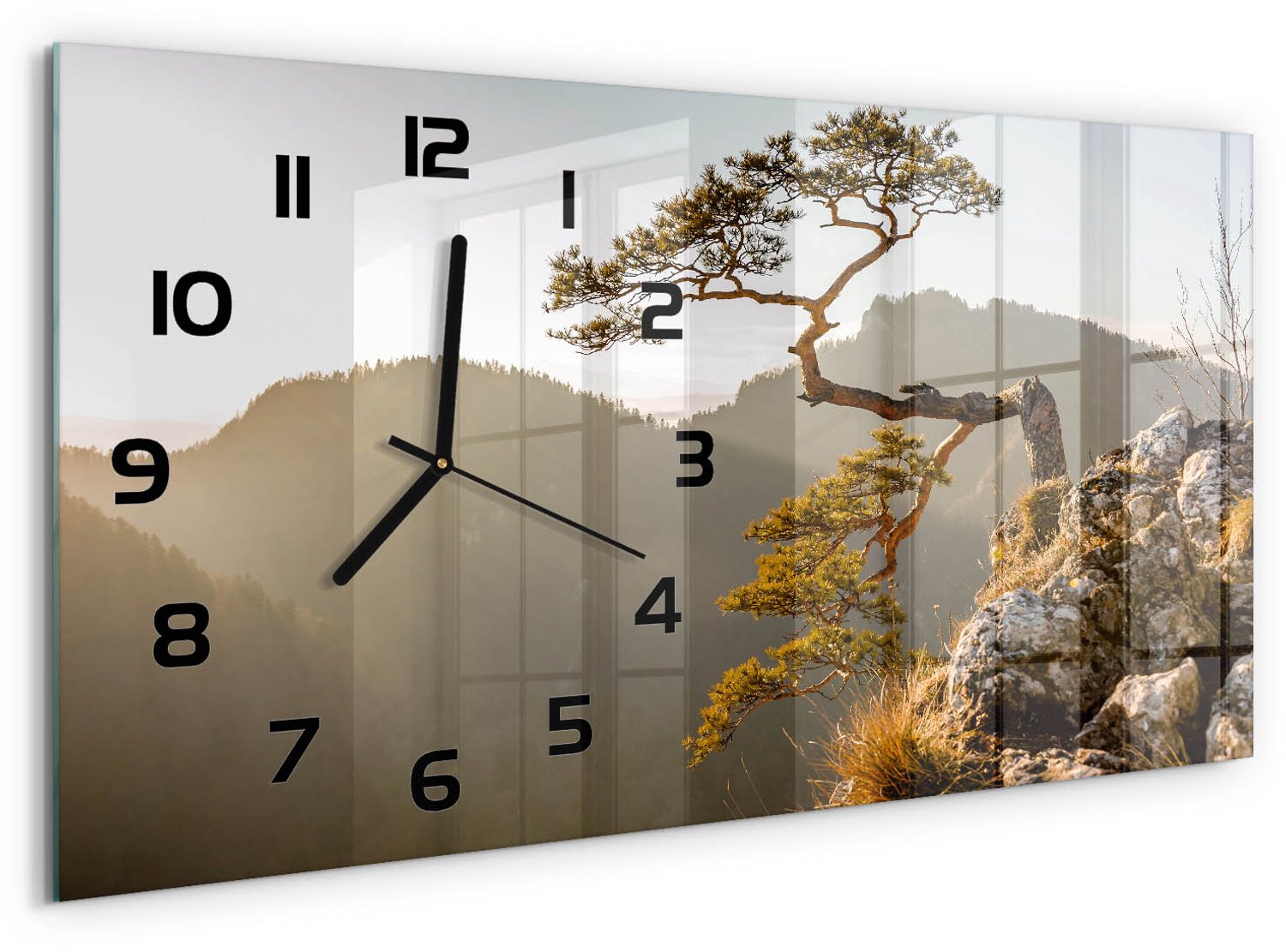 TULUP Wandklok - Sokolica Pieniny Wandklok Glas Decoratie - 60x30 cm - Bruin Gekleurde Glazen Klok - Zwarte handen - Rechthoekige Klok - Klok Glas Met Opdruk - Moderne Wandklok Glas