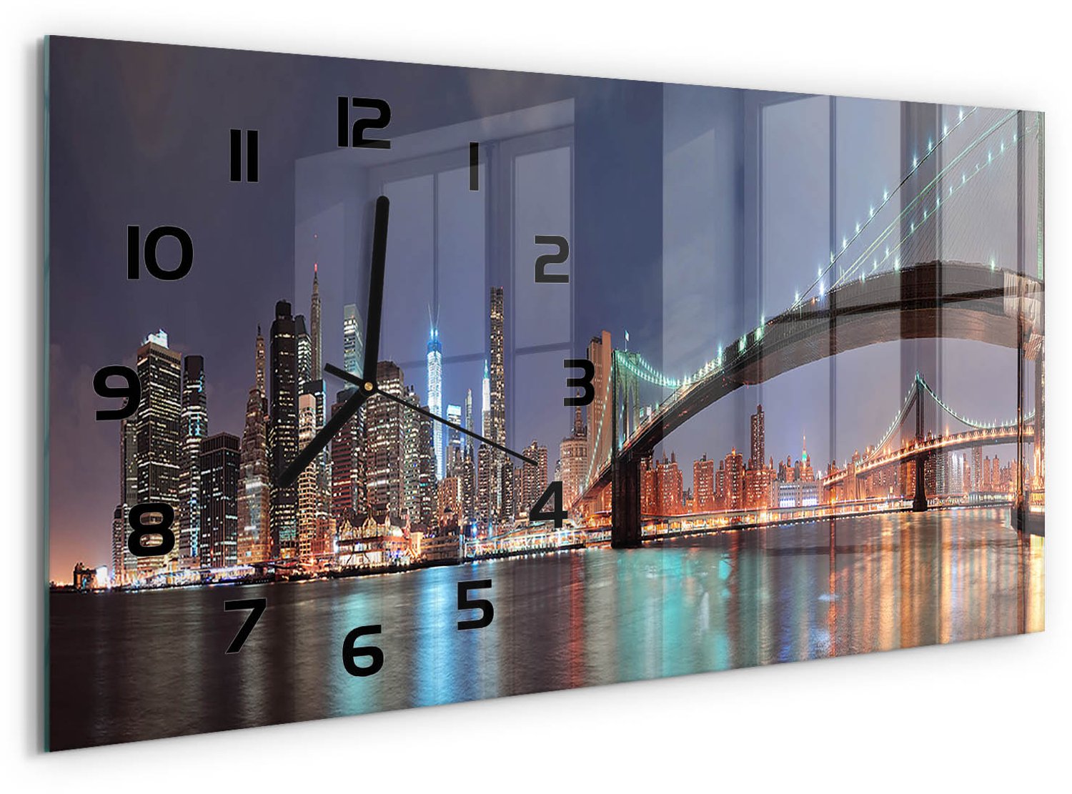 TULUP Wandklok - Manhattan, New York Wandklok Glas Decoratie - 60x30 cm - Veelkleurig Gekleurde Glazen Klok - Zwarte handen - Rechthoekige Klok - Klok Glas Met Opdruk - Moderne Wandklok Glas