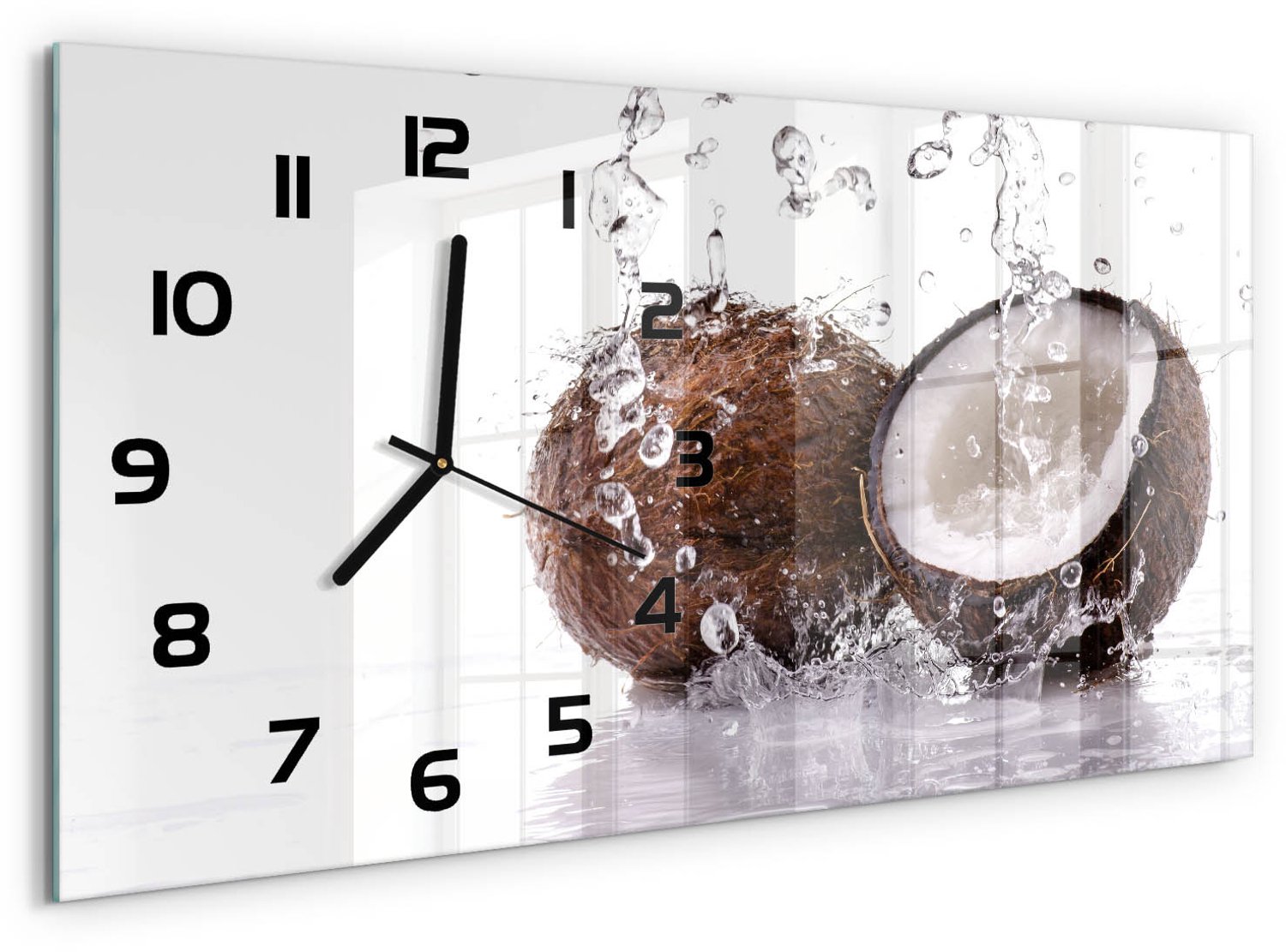 TULUP Wandklok - Kokosnoot en water Gekleurde Glazen Klok - 60x30 cm - Bruin Glazen Klok Met Print - Zwarte handen - Rechthoekige Klok - Moderne Wandklok Glas - Wandklok Glas Decoratie