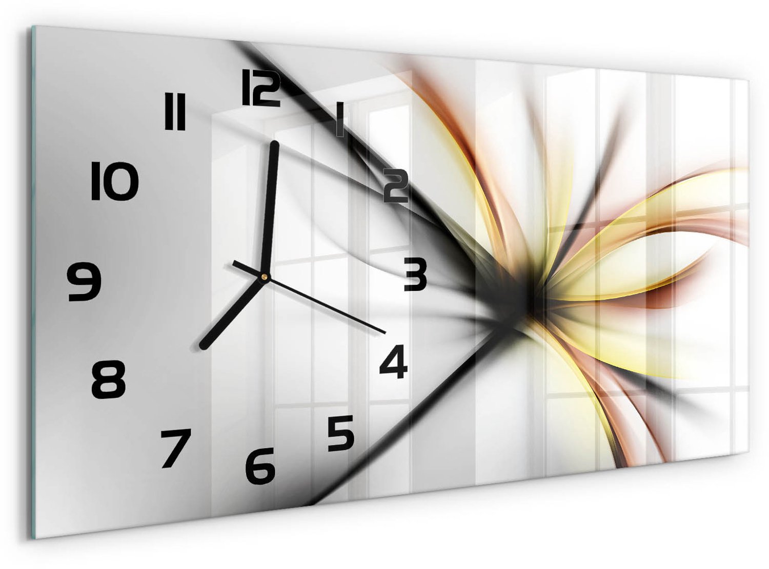 TULUP Wandklok - Bloemabstractie Gekleurde Glazen Klok - 60x30 cm - Geel Glazen Klok Met Print - Zwarte handen - Rechthoekige Klok - Moderne Wandklok Glas - Wandklok Glas Decoratie
