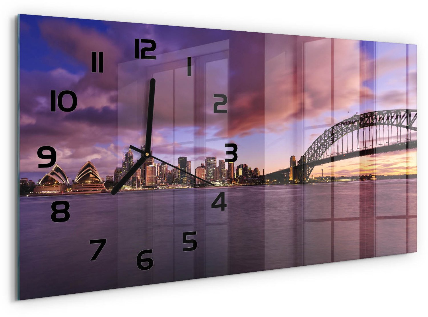 TULUP Wandklok - Sydney Bridge Wandklok Glas Met Motief - 60x30 cm - Geel Decoratieve Glazen Klok - Zwarte handen - Rechthoekige Klok - Gekleurde Glazen Klok - Glazen Klok Met Print
