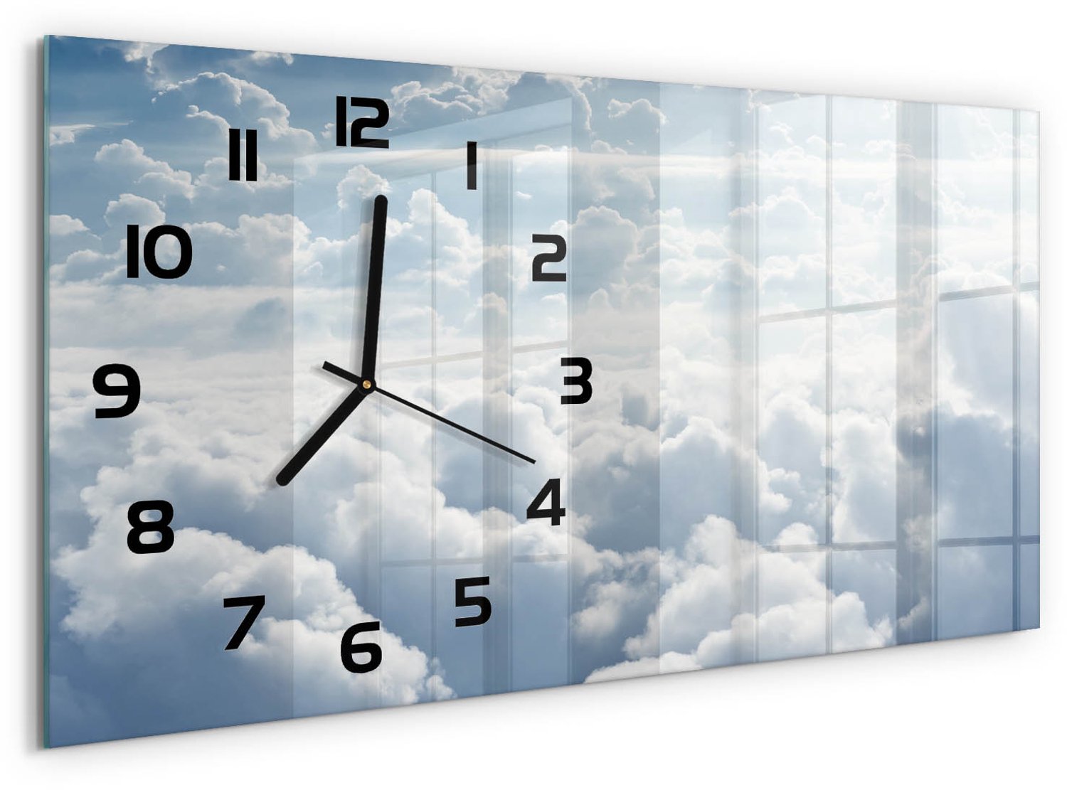TULUP Wandklok - Wolken gezien vanuit vogelperspectief Glazen Wandklok Design - 60x30 cm - Wit Klok Glas Met Opdruk - Zwarte handen - Rechthoekige Klok - Wandklok Glas Met Motief - Decoratieve Glazen Klok