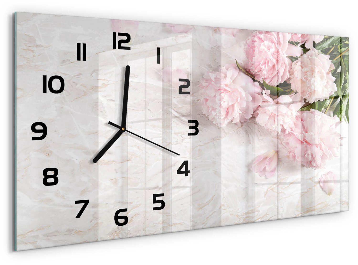 TULUP Wandklok - Pioenrozen Wandklok Glas Decoratie - 60x30 cm - Roze Gekleurde Glazen Klok - Zwarte handen - Rechthoekige Klok - Klok Glas Met Opdruk - Moderne Wandklok Glas