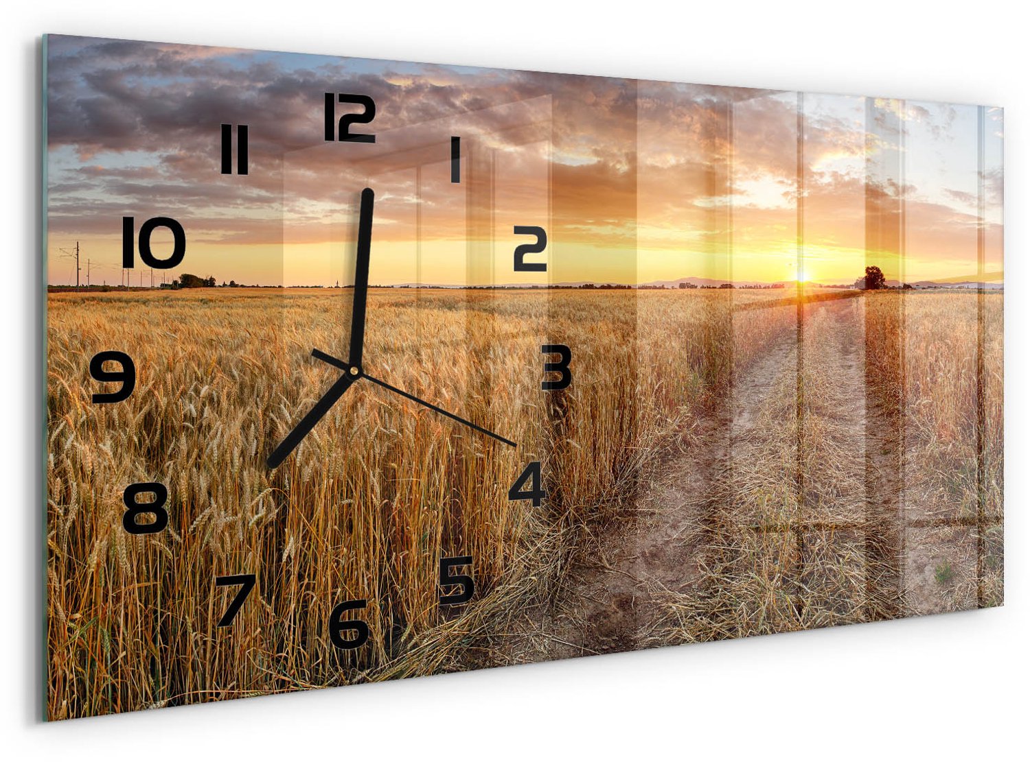 TULUP Wandklok - Tarweveld Glazen Klok Met Print - 60x30 cm - Geel Wandklok Glas Met Motief - Zwarte handen - Rechthoekige Klok - Wandklok Glas Decoratie - Gekleurde Glazen Klok