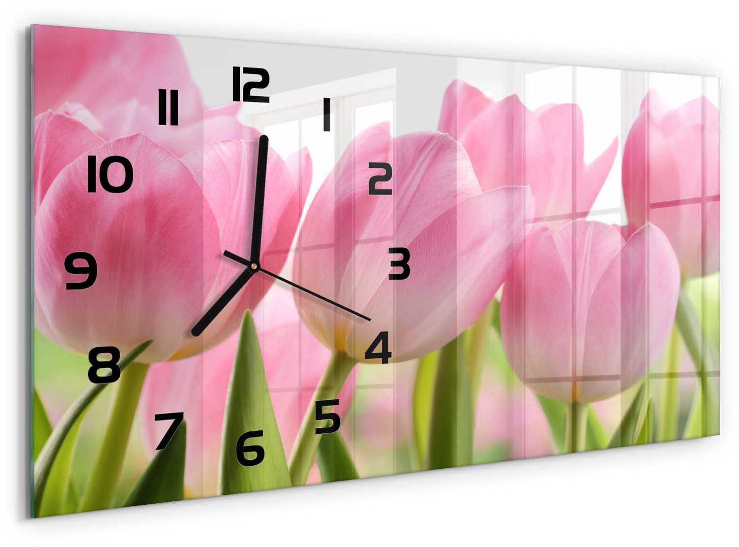 TULUP Wandklok - Roze tulpen Klok Glas Met Opdruk - 60x30 cm - Roze Moderne Wandklok Glas - Zwarte handen - Rechthoekige Klok - Decoratieve Glazen Klok - Glazen Wandklok Design