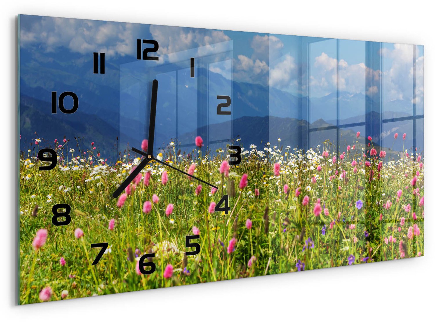TULUP Wandklok - Weide in de bergen Gekleurde Glazen Klok - 60x30 cm - Veelkleurig Glazen Klok Met Print - Zwarte handen - Rechthoekige Klok - Moderne Wandklok Glas - Wandklok Glas Decoratie