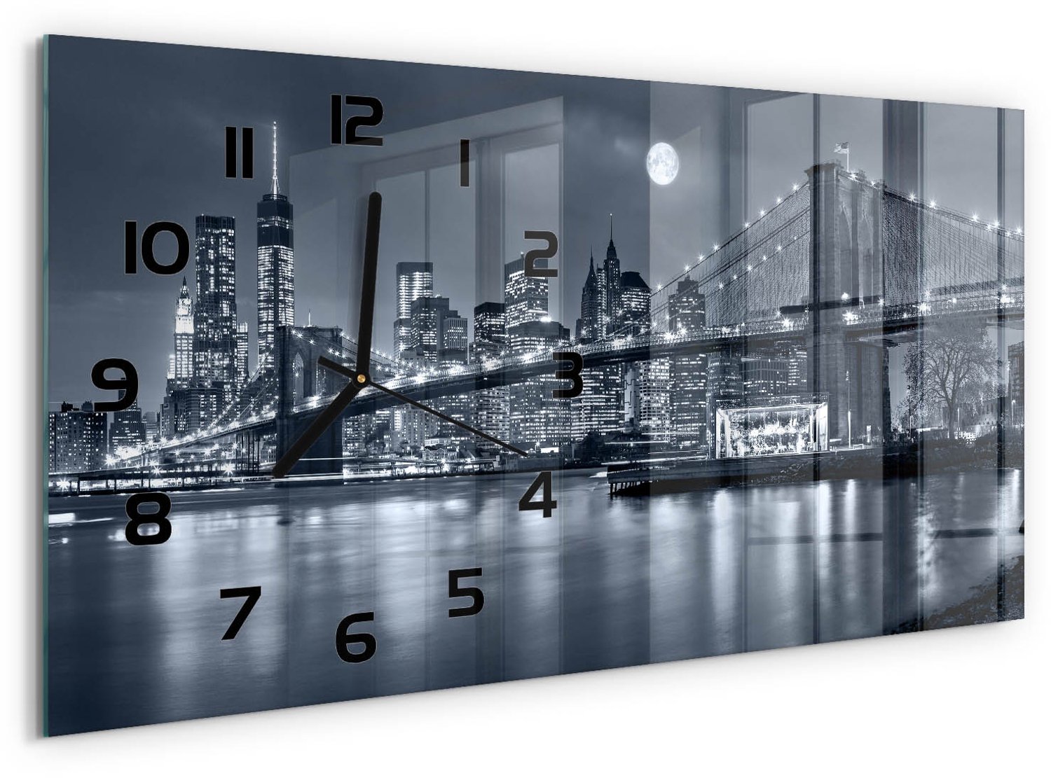 TULUP Wandklok - Manhattan, New York Wandklok Glas Met Motief - 60x30 cm - Zwart-wit Decoratieve Glazen Klok - Zwarte handen - Rechthoekige Klok - Gekleurde Glazen Klok - Glazen Klok Met Print