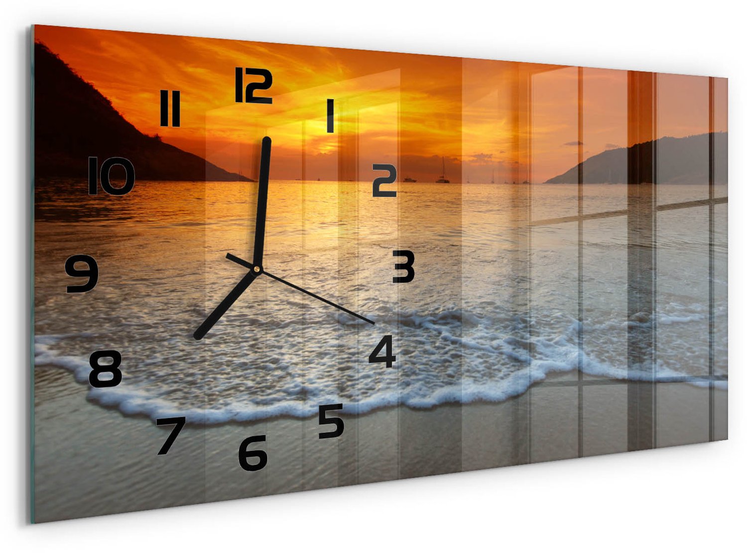 TULUP Wandklok - Zonsondergang Zee Moderne Wandklok Glas - 60x30 cm - Oranje Wandklok Glas Decoratie - Zwarte handen - Rechthoekige Klok - Glazen Wandklok Design - Klok Glas Met Opdruk