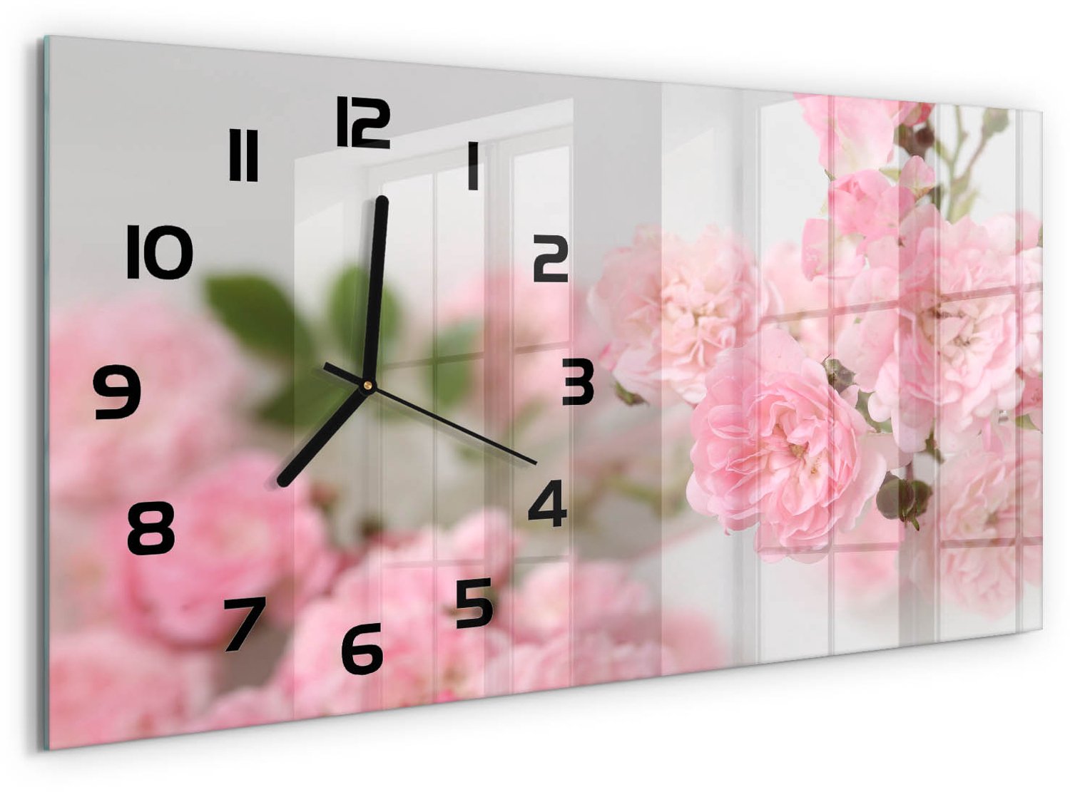 TULUP Wandklok - Wilde rozen Wandklok Glas Decoratie - 60x30 cm - Roze Gekleurde Glazen Klok - Zwarte handen - Rechthoekige Klok - Klok Glas Met Opdruk - Moderne Wandklok Glas