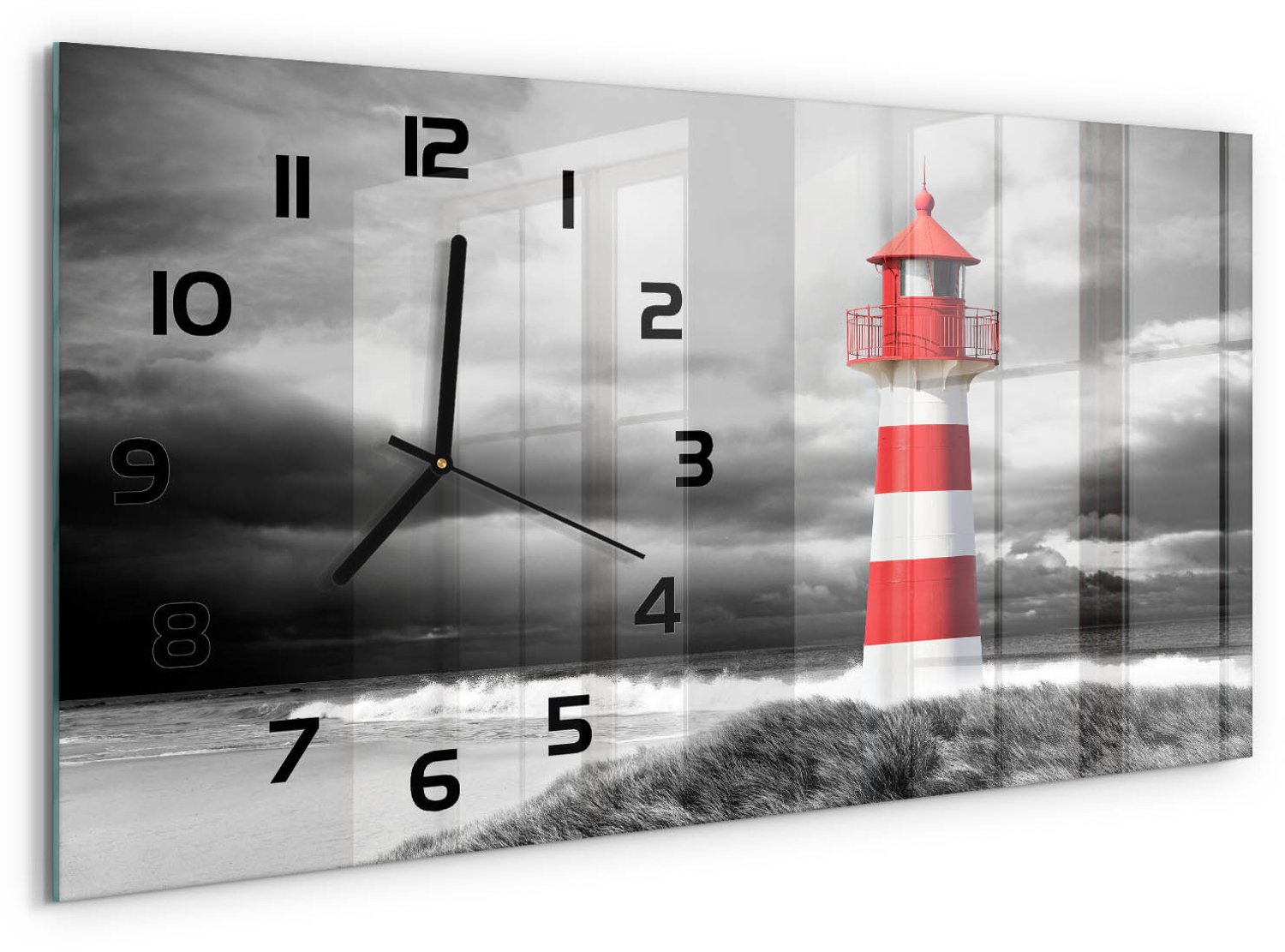 TULUP Wandklok - Vuurtoren Klok Glas Met Opdruk - 60x30 cm - Rood Moderne Wandklok Glas - Zwarte handen - Rechthoekige Klok - Decoratieve Glazen Klok - Glazen Wandklok Design