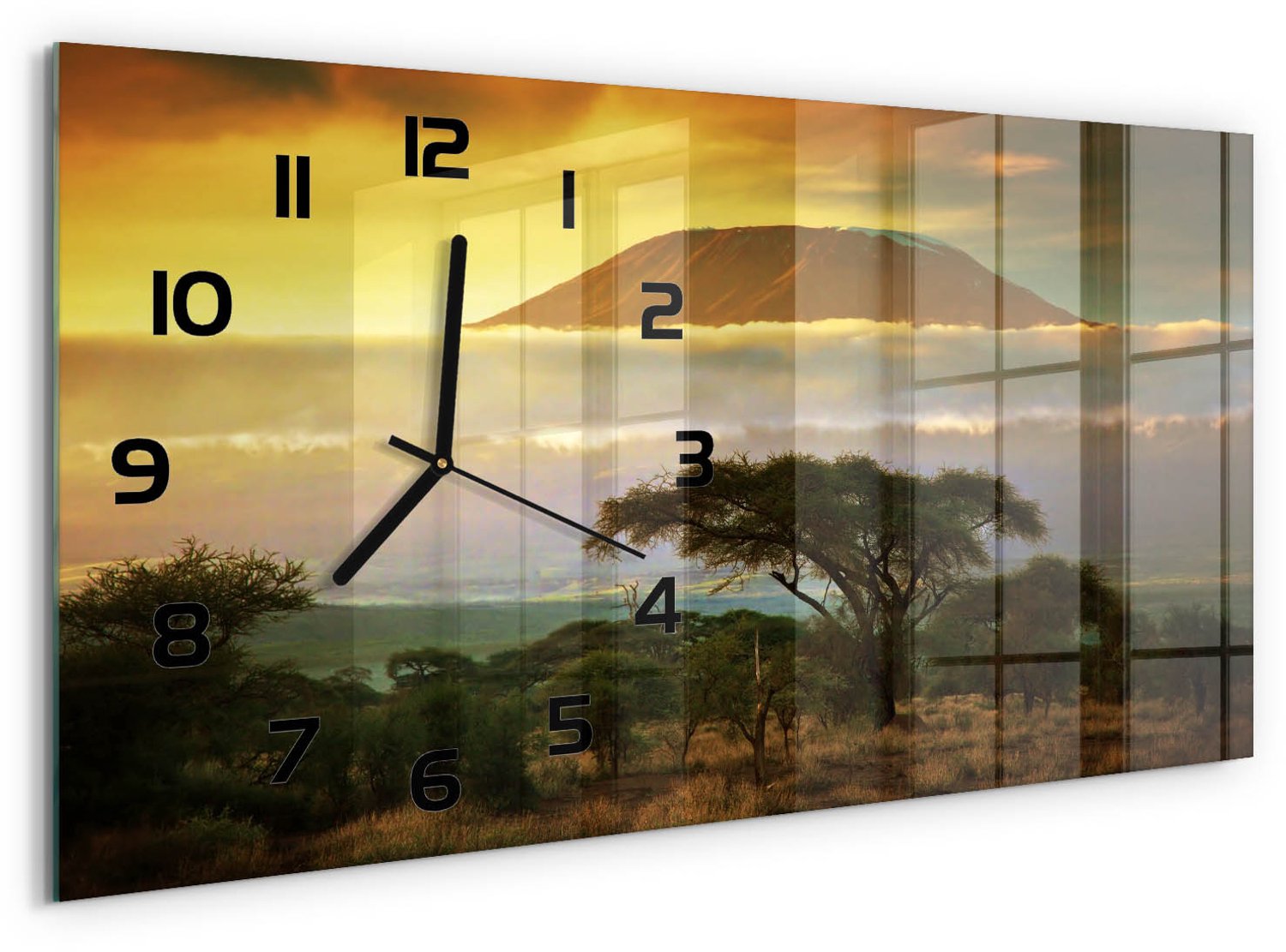 TULUP Wandklok - Kilimanjaro Kenia Gekleurde Glazen Klok - 60x30 cm - Geel Glazen Klok Met Print - Zwarte handen - Rechthoekige Klok - Moderne Wandklok Glas - Wandklok Glas Decoratie