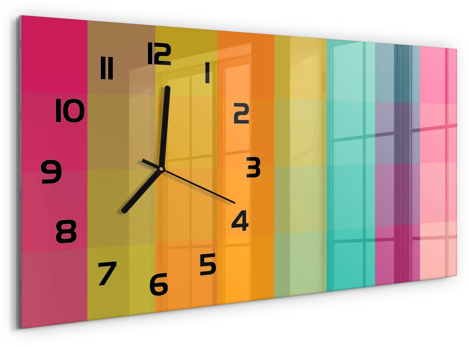 TULUP Wandklok - Kleurrijke vierkanten Wandklok Glas Decoratie - 60x30 cm - Veelkleurig Gekleurde Glazen Klok - Zwarte handen - Rechthoekige Klok - Klok Glas Met Opdruk - Moderne Wandklok Glas