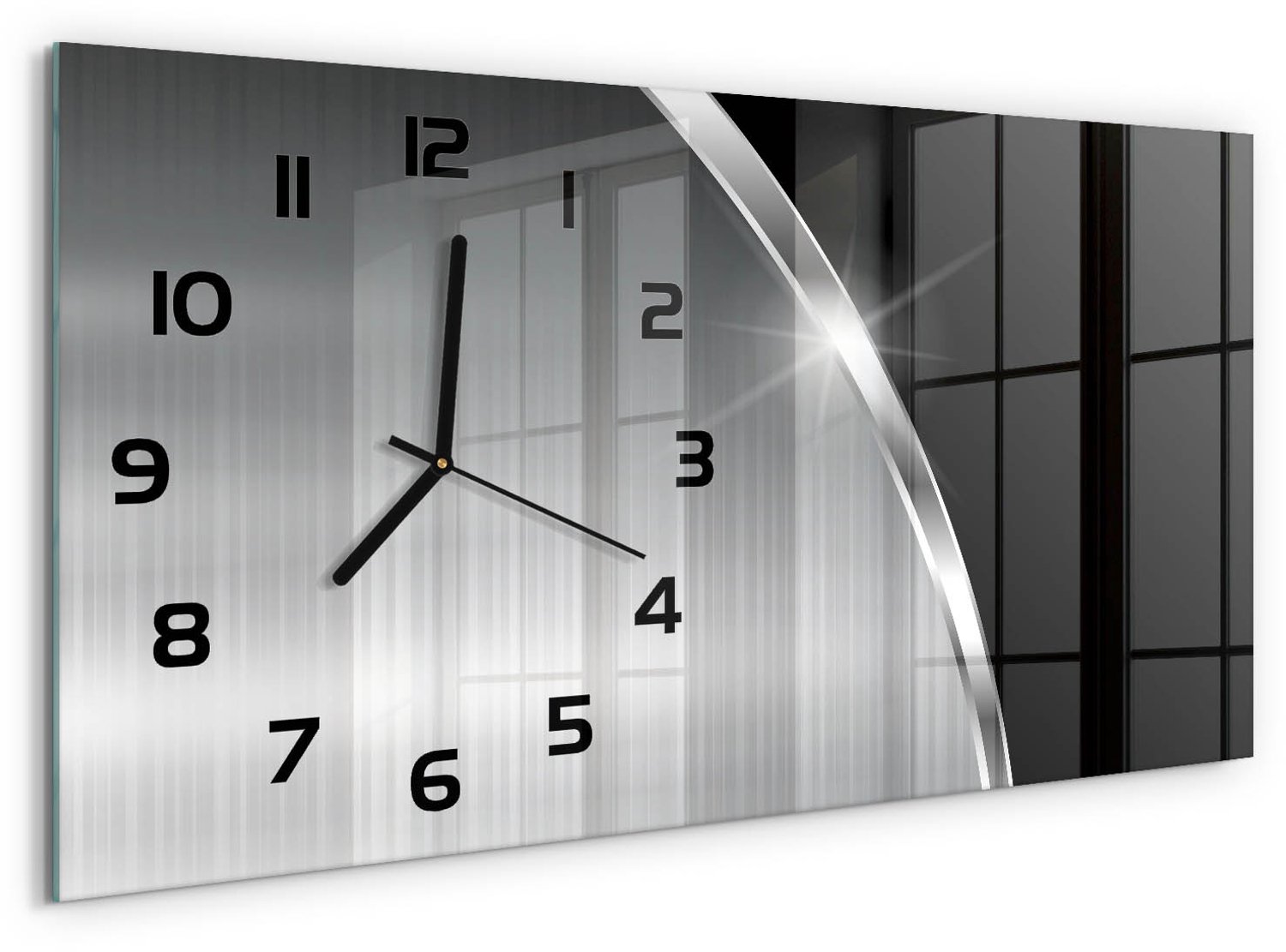 TULUP Wandklok - Metaalabstractie Wandklok Glas Decoratie - 60x30 cm - Zilver Wandklok Glas Decoratie - Zwarte handen - Rechthoekige Klok - Glazen Wandklok Design - Klok Glas Met Opdruk