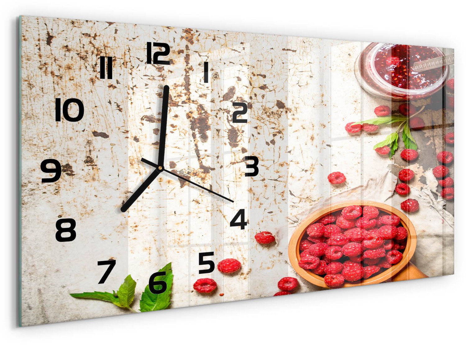 TULUP Wandklok - Frambozenjam Glazen Klok Met Print - 60x30 cm - Rood Wandklok Glas Met Motief - Zwarte handen - Rechthoekige Klok - Wandklok Glas Decoratie - Gekleurde Glazen Klok