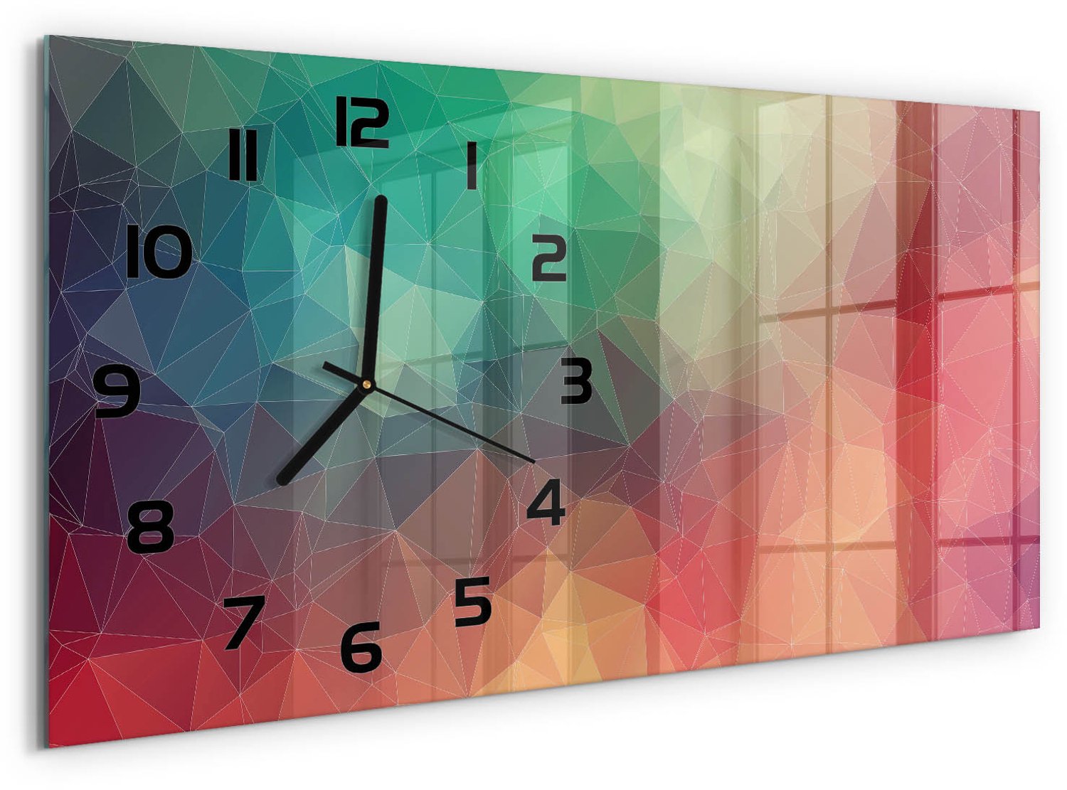 TULUP Wandklok - Geometrische achtergrond Gekleurde Glazen Klok - 60x30 cm - Veelkleurig Glazen Klok Met Print - Zwarte handen - Rechthoekige Klok - Moderne Wandklok Glas - Wandklok Glas Decoratie