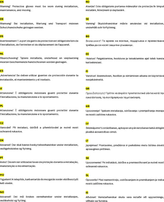 Waarschuwingstekst in meerdere talen: Tijdens installatie, onderhoud en verplaatsing moeten beschermende handschoenen worden gedragen.
