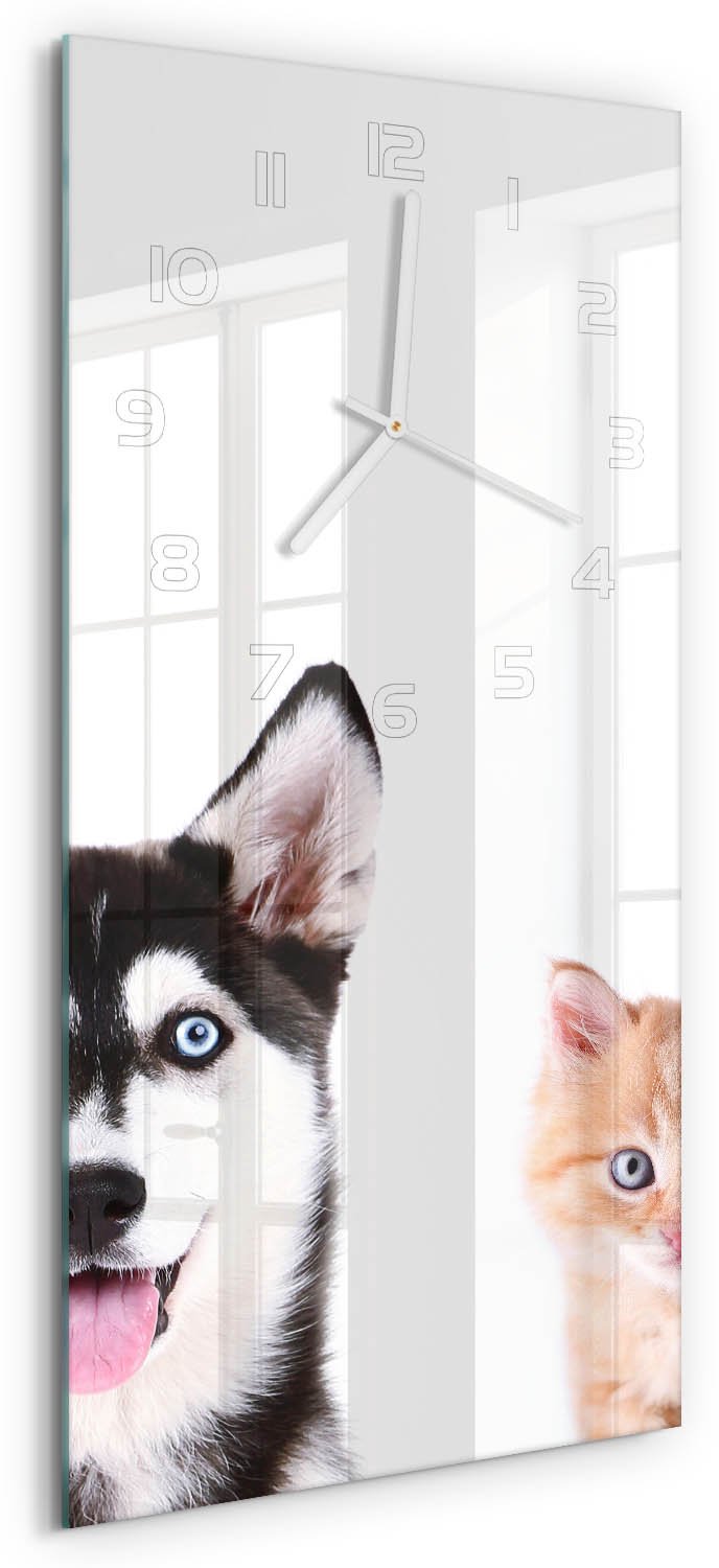 Tulup Wandklok - Hond en kat Gekleurde Glazen Klok - 30x60 cm - Wit Glazen Klok Met Print - Witte handen - Rechthoekige Klok - Moderne Wandklok Glas - Wandklok Glas Decoratie