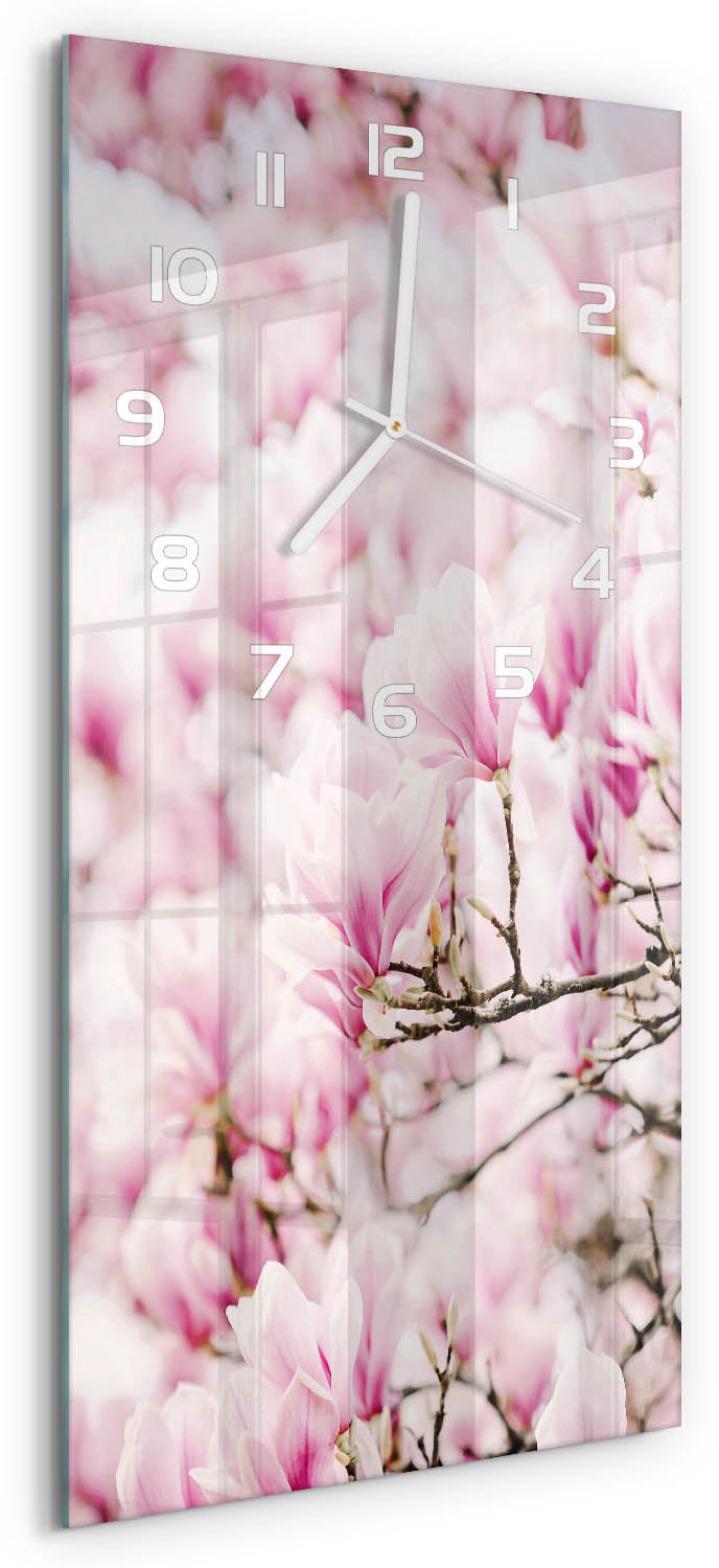 Tulup Wandklok - Magnolia bloemen Glazen Klok Met Print - 30x60 cm - Roze Wandklok Glas Met Motief - Witte handen - Rechthoekige Klok - Wandklok Glas Decoratie - Gekleurde Glazen Klok