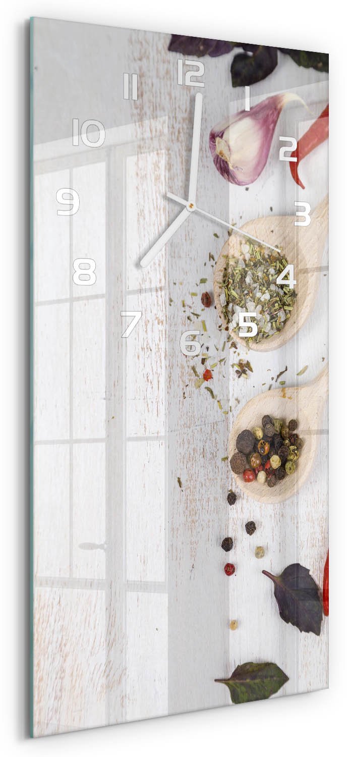 Tulup Wandklok - Groenten en specerijen Wandklok Glas Decoratie - 30x60 cm - Rood Gekleurde Glazen Klok - Witte handen - Rechthoekige Klok - Klok Glas Met Opdruk - Moderne Wandklok Glas